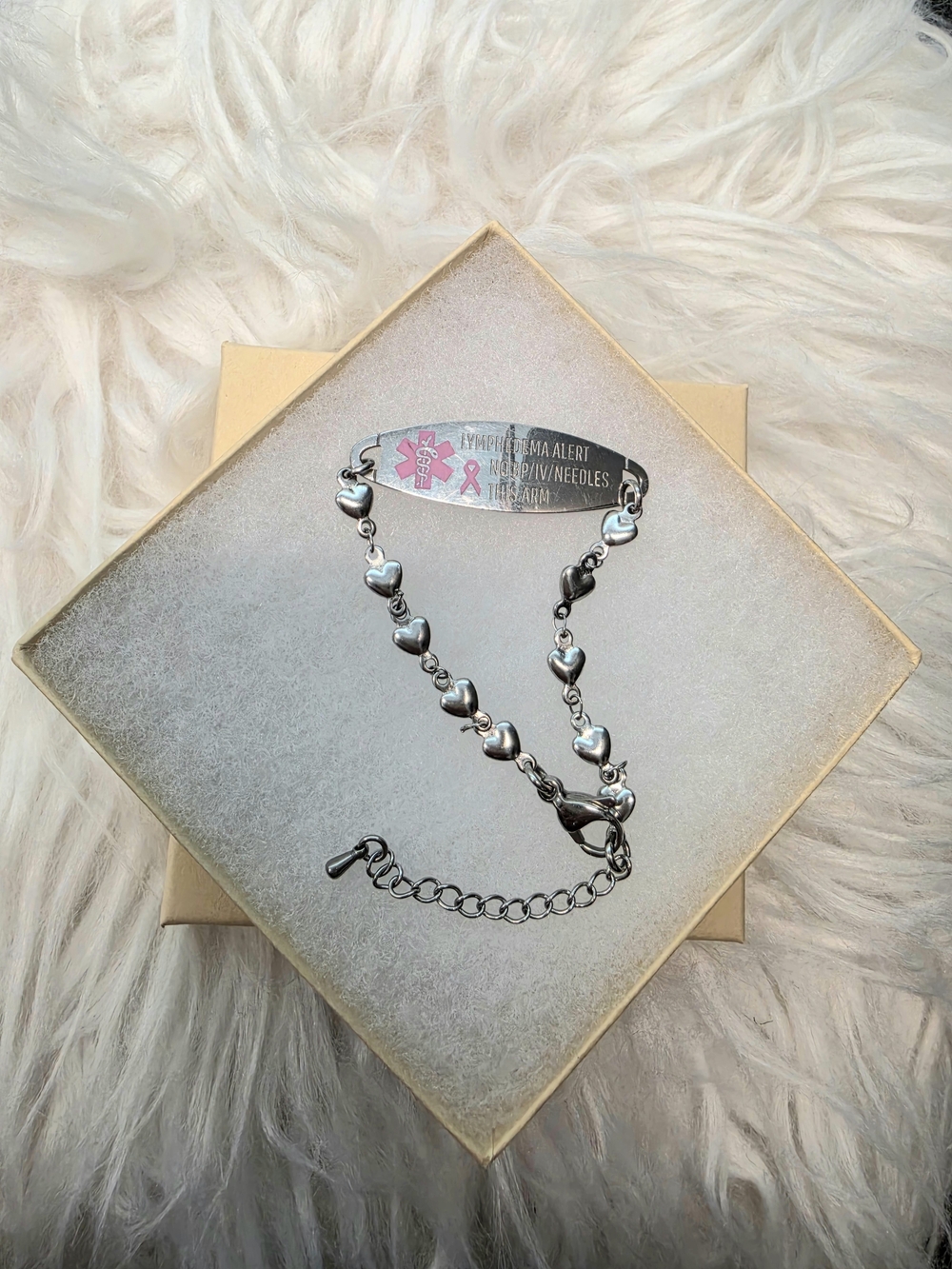 Lymphedema Medical Alert Bracelet with Pink Ribbon - Silver-tone Size 8.25" - Picture 2 of 7
